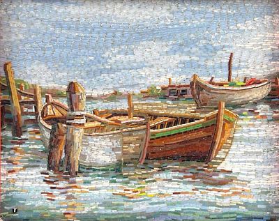 L. Bartu (Barti) Italian Micromosaic, Harbor Scene With Fishing Boats, 20th C. "T" iniatial 