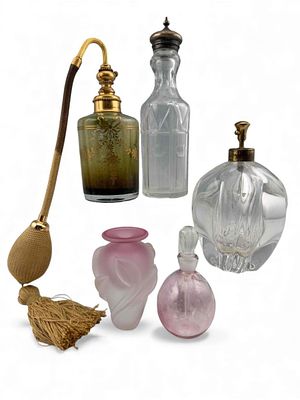 Grouping Of Glass Perfume Bottles Including Baccarat. Green atomizer bottle marked "Parfums 