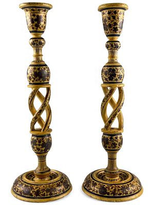 Pair Of Kashmiri Carved & Painted Candlesticks. Pair Of Kashmiri Carved &amp; Painted 