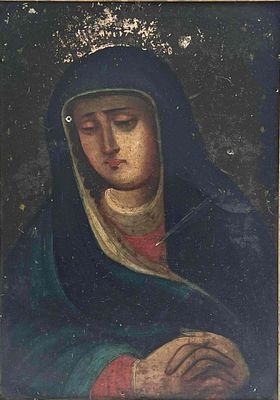 19th Century Mexican Retablo, The Virgin Mary, Oil On Tin. As framed approximately 17.25H x 