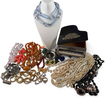 Lot Of Vintage Costume Jewelry And Piano Form Music Box. Includes necklaces, bracelets, rings 
