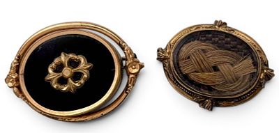 Two Victorian Mourning Brooches, One With Hairwork. Two Victorian Gold Filled Mourning Brooches 