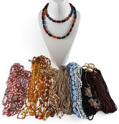 Grouping Of Vintage Beaded Costume Jewelry, Most With Glass Beads. Includes Art Deco blue glass 