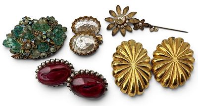 Grouping Of Miriam Haskell Vintage Costume Jewelry. Earclips signed. Brooch and hat pin 