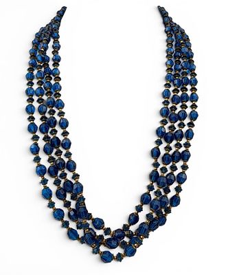 Miriam Haskell Four Strand Blue Glass Bead Necklace. Length approximately 22.0in. Larger beads 