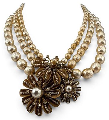 Vintage Miriam Haskell Faux Baroque Pearl Floral Necklace. Signed at clasp and pendant. Length 