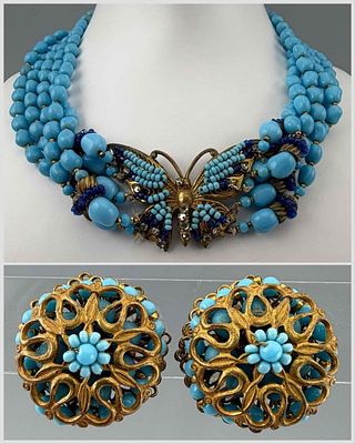 Vintage Miriam Haskell Glass Bead Butterfly Necklace & Earclips. Vintage Miriam Haskell Glass 