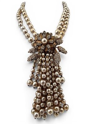 Vintage Miriam Haskell Faux Baroque Pearl Necklace With Floral Tassel Drop. Necklace length 