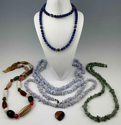 Grouping Of Semiprecious Stone Necklaces. Includes Lapis, blue lace agate, carnelian, and green 