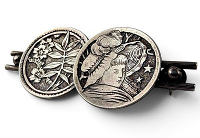 Antique Hand Etched Sterling Silver Brooch, 8.1g. Unmarked, tests as sterling silver. 