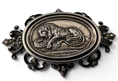 Antique Sterling Silver Seed Pearl Lion Brooch, 10.7g. Signed "M&amp;S, " tests as sterling 