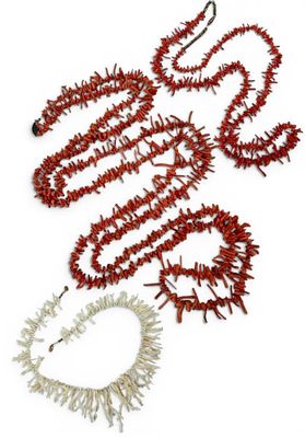 Three Vintage Branch Coral Necklaces. Longest strand approximately 58.0in. Shorter red coral 