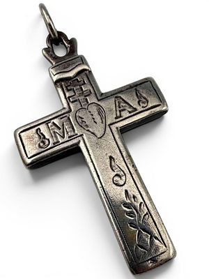 Antique Etched Silver Reliquary Cross Pendant. Large Antique Etched Silver Reliquary Cross 
