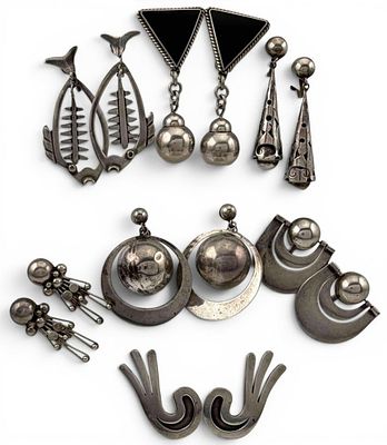 Grouping Of Vintage Taxco Sterling Silver Ear Clips, 93.5g. Marked or test as sterling. Largest 