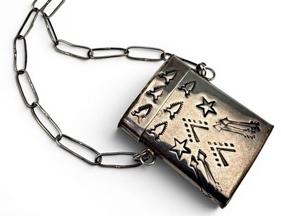 Native American Hand Stamped Sterling Silver Box Necklace, 21.0g. Signed "LHTC 87-88." Tests as 