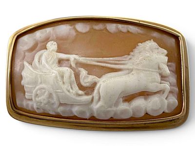 Antique 10K Shell Cameo Brooch, Classical Scene, Helios With Chariot, 10.4g. Unmarked, tests as 