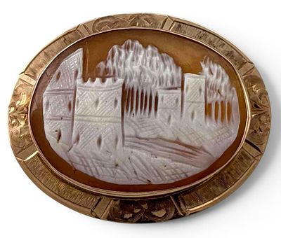 Antique 10K Cameo Brooch With Castle Landscape, 4.5g. Marked "FMCO 10K." Approximately 1.5L x 
