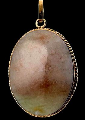 Large 14K Jade Pendant, 13.4g. Marked "14K." Stone approximately 39.1 x 29.7W mm. Pendant 