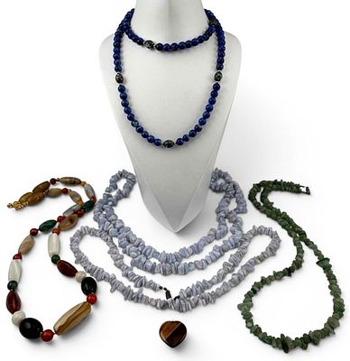Grouping Of Semiprecious Stone Necklaces. Includes Lapis, blue lace agate, carnelian, and green 