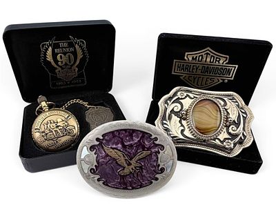 Harley Davidson Pocket Watch And Belt Buckles, Including Johnson & Held. Harley Davidson Pocket 