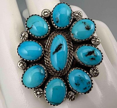 Navajo Sterling Silver Turquoise Ring, 13.2g. Marked illegibly, tests as sterling. Ring front 