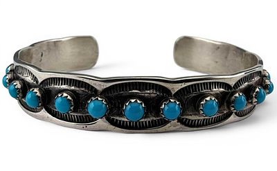 Tillie Jon, Navajo Sterling Silver Turquoise Cuff Bracelet, 27.1g. Signed "T. Jon." Marked 