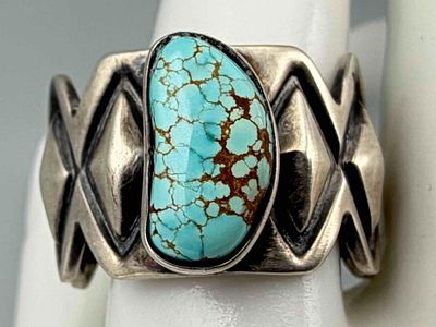 Ronnie Henry, Navajo Sterling Silver Turquoise Ring, 11.9g. Marked "Sterling." Signed "Henry." 