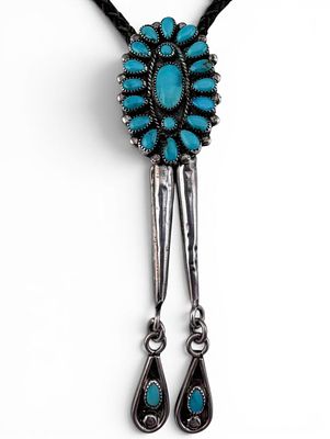 Aaron Anderson, Navajo Sterling Silver Turquoise Bolo Tie With Sterling Tips. Signed "AA, " 