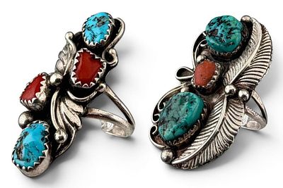 Two Navajo Sterling Silver Turquoise & Coral Rings. Two Navajo Sterling Silver Turquoise &amp; 