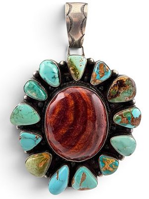 Sheila Tso, Large Navajo Sterling Silver Turquoise Pendant, 64.1g. Marked "Sterling." Signed "S. 