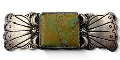 Navajo Hand Stamped Sterling Silver Turquoise Brooch, 15.5g. Marked "Sterling." Signed "M." 