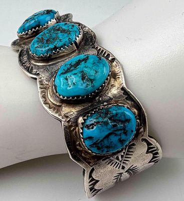 Shawn Cayatineto, Navajo Hand Stamped Sterling Silver Turquoise Cuff Bracelet, 73.7g. Signed 