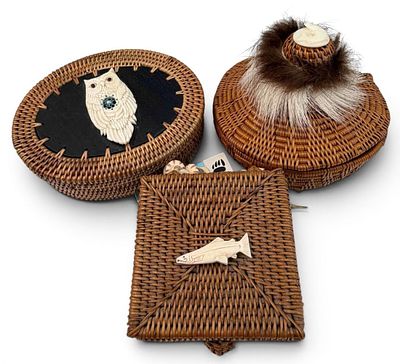 Three Alaskan Smoked Grass Baskets. Tag attached to largest basket reads "Handwoven 5" round 