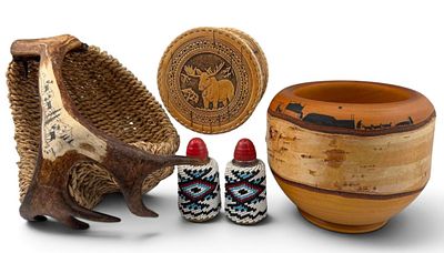 Grouping Of Alaska Native And Decorative Items. Includes birch-bark bowl marked “2002 Muth... 