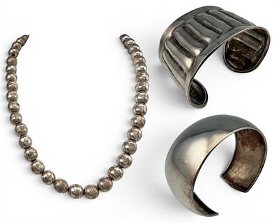 Vintage Mexican Sterling Silver Beaded Necklace And Sterling Cuff Bracelets. Vintage Mexican 