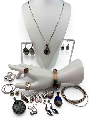 Vintage Silver Jewelry Grouping, 147.2g total weight. Pieces marked or test as silver. Includes 