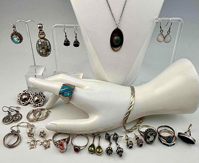 Lot Of Sterling Silver Jewelry, 92.4g total weight. Pieces marked or test as sterling. Bracelet 