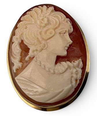 18K Gold Shell Cameo Pendant Brooch, 5.7g. Marked "750." Tests as 18K. Approximately 1.27L x 