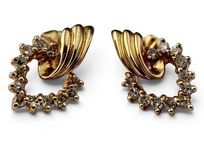 14K Yellow Gold Diamond Heart Earrings, 2.2g. Marked "14K." Approximately 13.7 x 9.0mm. ALL 