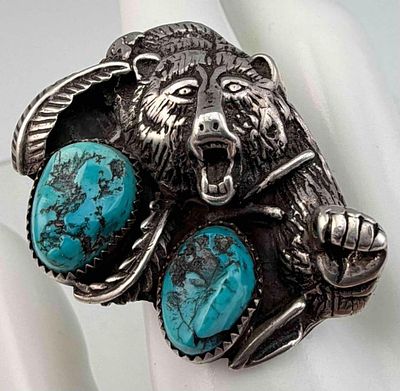 Navajo Sterling Silver Turquoise Bear Ring, 16.8g. Unmarked, tests as sterling. Ring front 