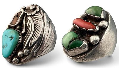 Two Vintage Navajo Sterling Silver Turquoise Rings, 53.1g total weight. Unmarked, test as 