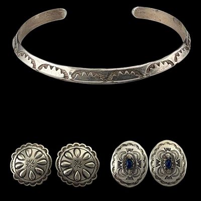 Native American Hand Stamped Sterling Silver Concho Earrings And Cuff Bracelet, 33.3g total 