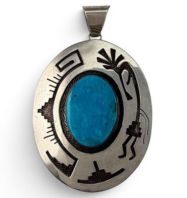 Native American Sterling Silver Turquoise Kokopelli Pendant, 25.3g. Signed "CB." Marked 