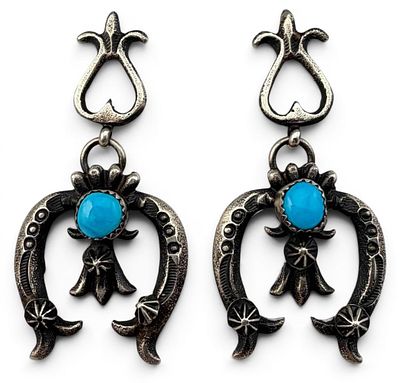 Navajo Sandcast Sterling Silver Turquoise Naja Earrings, 20.0g. Signed "Billan." Marked 