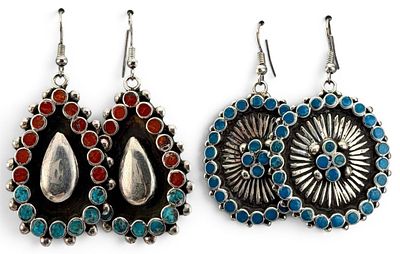 Two Pairs Zuni Sterling Silver Turquoise & Coral Inlay Earrings. Two Pairs Zuni Sterling Silver 