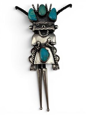 Navajo Sterling Silver Turquoise Figural Kachina Bolo Tie. Total weight 63.5g. Signed "FB." 