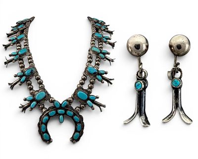 Native American Sterling Silver Turquoise Squash Blossom Necklace & Earrings. Vintage Native 