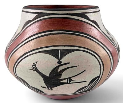 Zia Pueblo Pottery Jar With Bird Motif. Unsigned. Approximately 5.62H x 7.37W in.