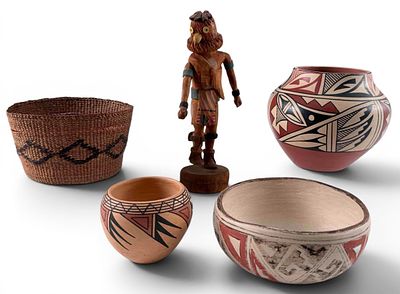 Grouping Of Native American Pottery, Basket & Kachina. Grouping Of Native American Pottery 