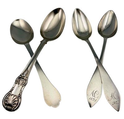 Grouping Of Silver Tablespoons. Sterling pieces 155.5g. Pair of spoons marked with German 